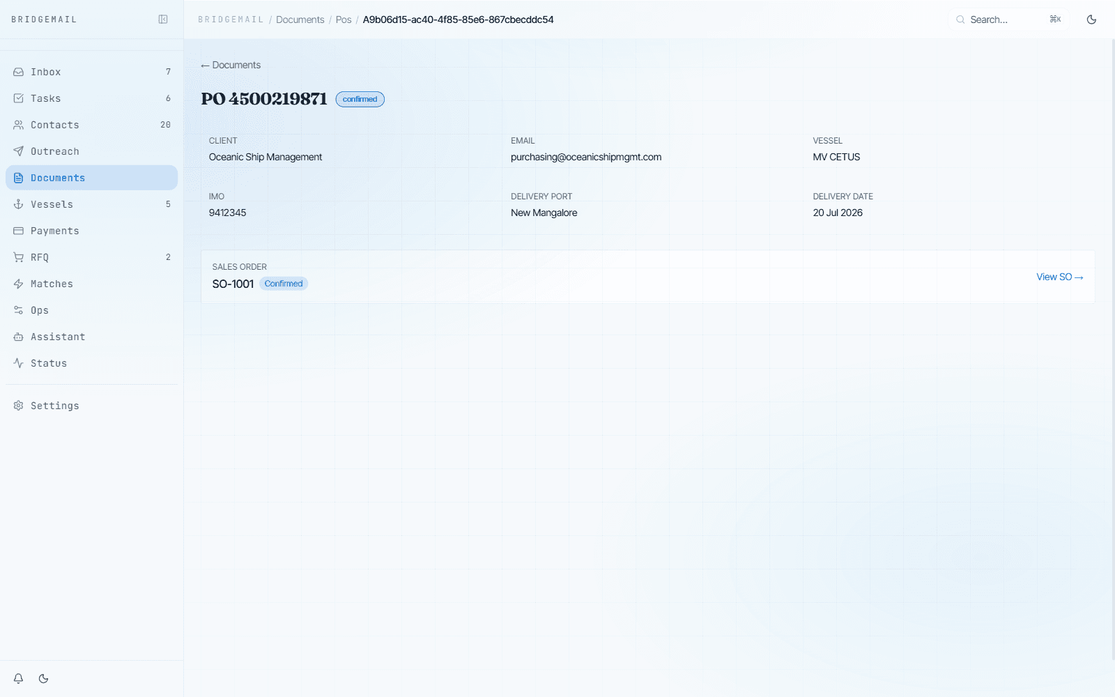 A purchase order parsed by BridgeMail — client, vessel, IMO, delivery port and date extracted from the attachment