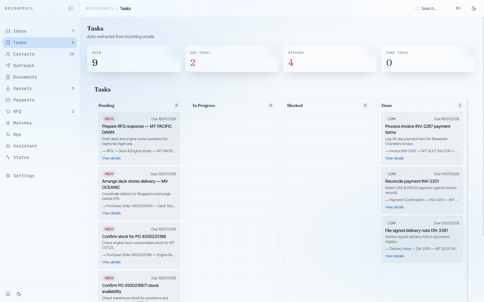 BridgeMail task board — follow-ups auto-extracted from incoming emails into a tracked queue